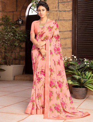 Pink floral print georgette sari for festive look
