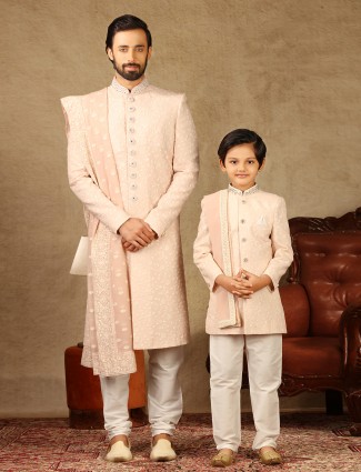 Pink georgette fabric father and son sherwani