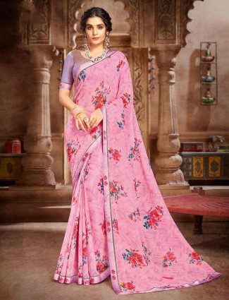 Pink georgette printed designer festive events saree