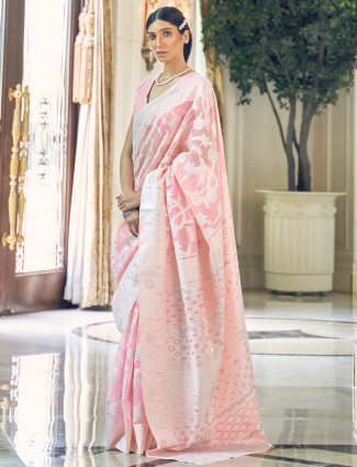 Pink lucknow silk saree for festive occasions