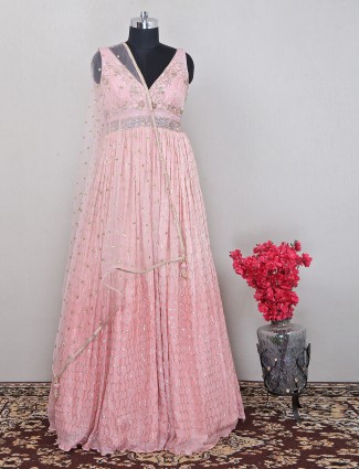 Pink net designer wedding floor-length anarkali suit