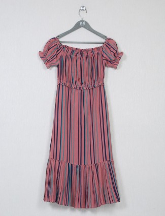 Pink poly cotton striped dress for women