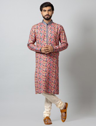 Pink printed festive wear kurta set in cotton silk