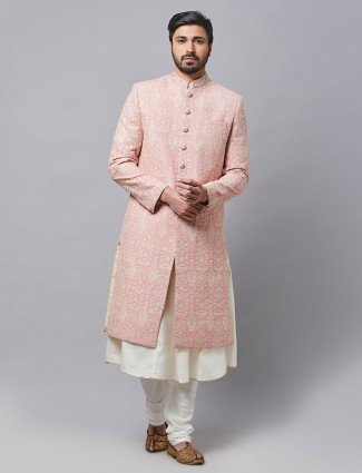 Pink silk fabric double layer sherwani for wedding
