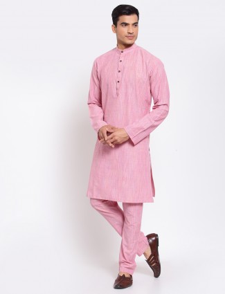 Pink solid style cotton kurta set for men