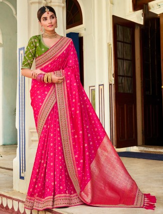Pink wedding events silk saree for women