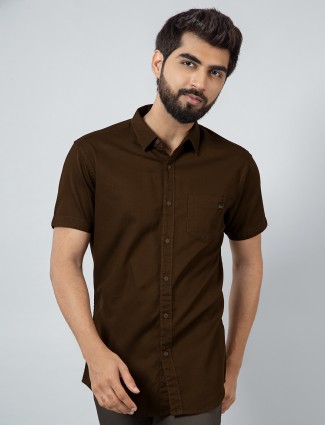 Pioneer solid brown cotton shirt for men