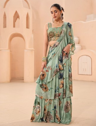 Pista green floral printed pre-stitched saree