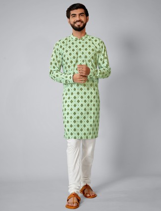 Pista green hue festive wear cotton silk kurta set