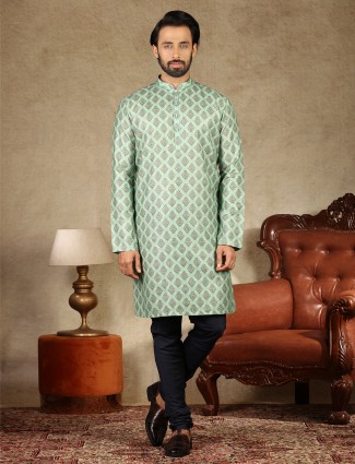 Pista green printed cotton festive wear kurta suit