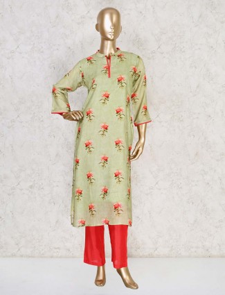 Pista green printed cotton pant style salwar suit