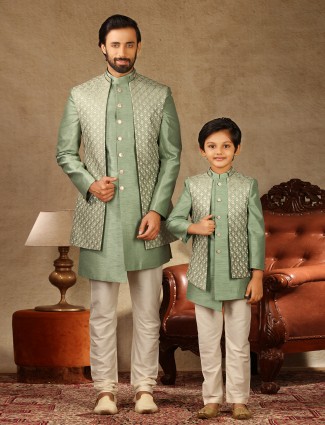 Pista green raw silk wedding wear father and son special indo western