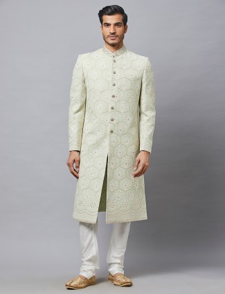 Pista green silk fabric sherwani for groom
