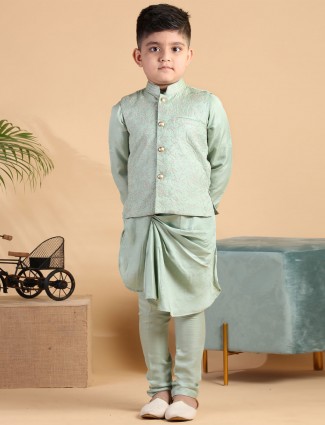Pista green silk waistcoat set for boys
