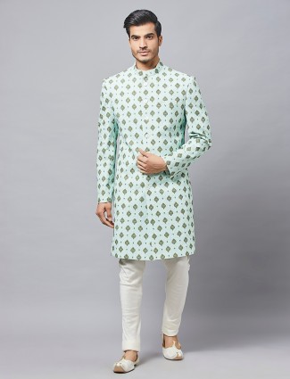 Pista green textured cotton silk indo western