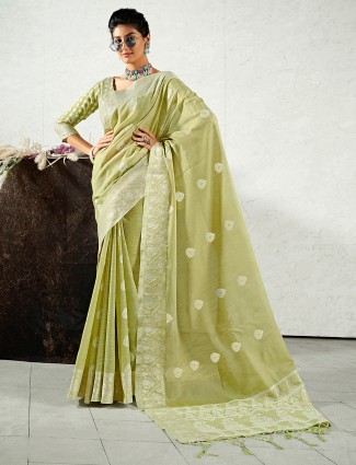 Pistachio green amazing sequins details festive sari in linen