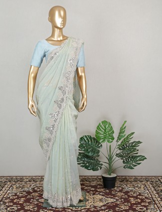 Pistachio green fabulous wedding events tissue silk saree