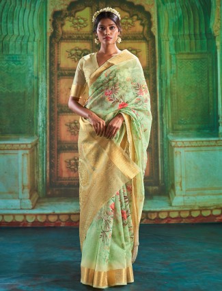 Pistachio green linen saree for wedding sessions