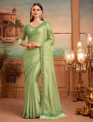 Pistachio green party and festive saree in satin