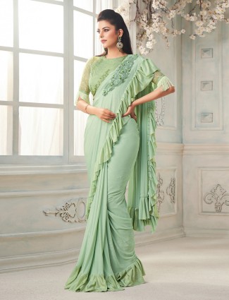 Pistachio green party ready to wear saree in lycra