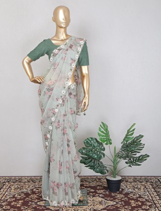 Pistachio green printed latest wedding events tissue silk saree