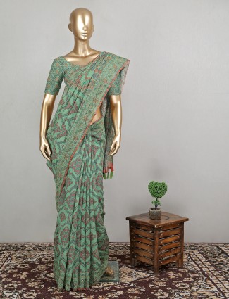 Pistachio green wedding events cotton silk saree for women