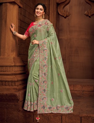 Pistachio green wedding look tissue silk elegant saree