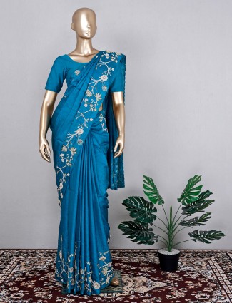 Popular teal blue tussar silk saree for wedding function