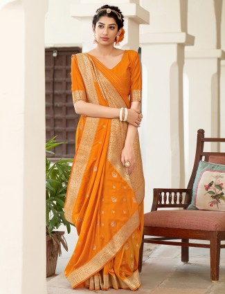 Tangy orange fabulous banarasi silk sari for wedding look