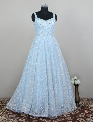 Powder blue wedding ceremonies net gown for women