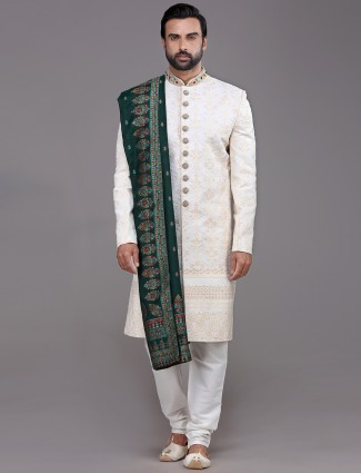 Princely white silk sherwani