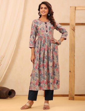 Printed beige cotton kurti with pant