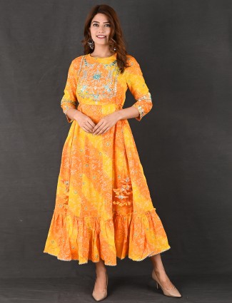 printed bright yellow kurti for day to day look in cotton