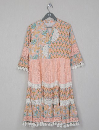 Printed casual wear dress in peach cotton