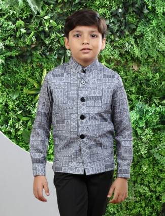 Printed cotton linen grey waistcoat with shirt