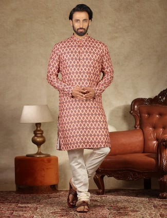 Printed cream mens kurta suit in cotton