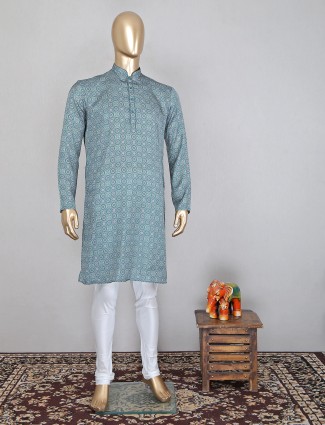 Printed green cotton kurta suit festive wear for mens
