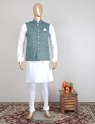 Printed green cotton silk waistcoat set for party