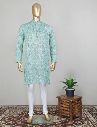 Printed green kurta suit in cotton silk for mens