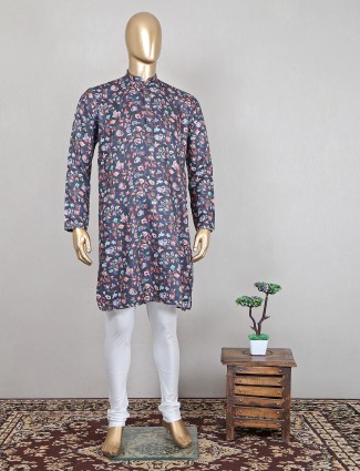 Printed grey color cotton kurta suit for mens