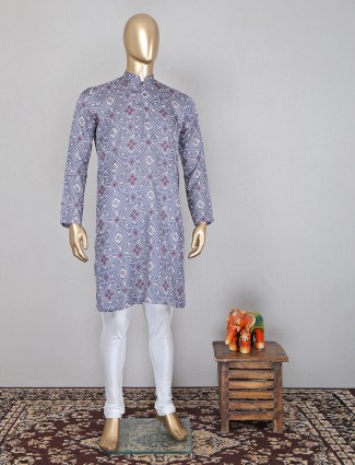 Printed grey kurta suit in cotton for mens