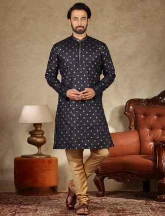 Printed navy mens kurta suit in cotton