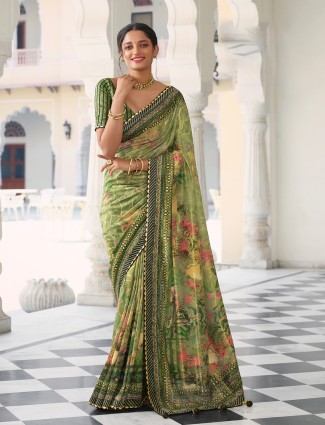 Printed pastel green amazing cotton saree for festive functions