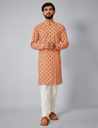 Printed peach color cotton silk kurta suit for mens