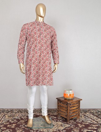 Printed peach hued kurta suit in cotton fabric