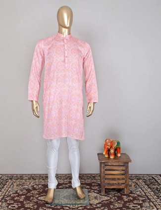 Printed pink cotton kurta suit for festive
