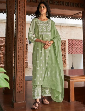 Printed pista green casual wear cotton kurti set