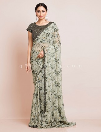 Printed pista green georgette saree with readymade blouse