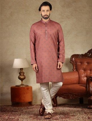 Printed sand stone pink mens kurta suit in cotton