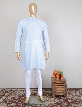 Printed sky blue color cotton kurta suit for mens
